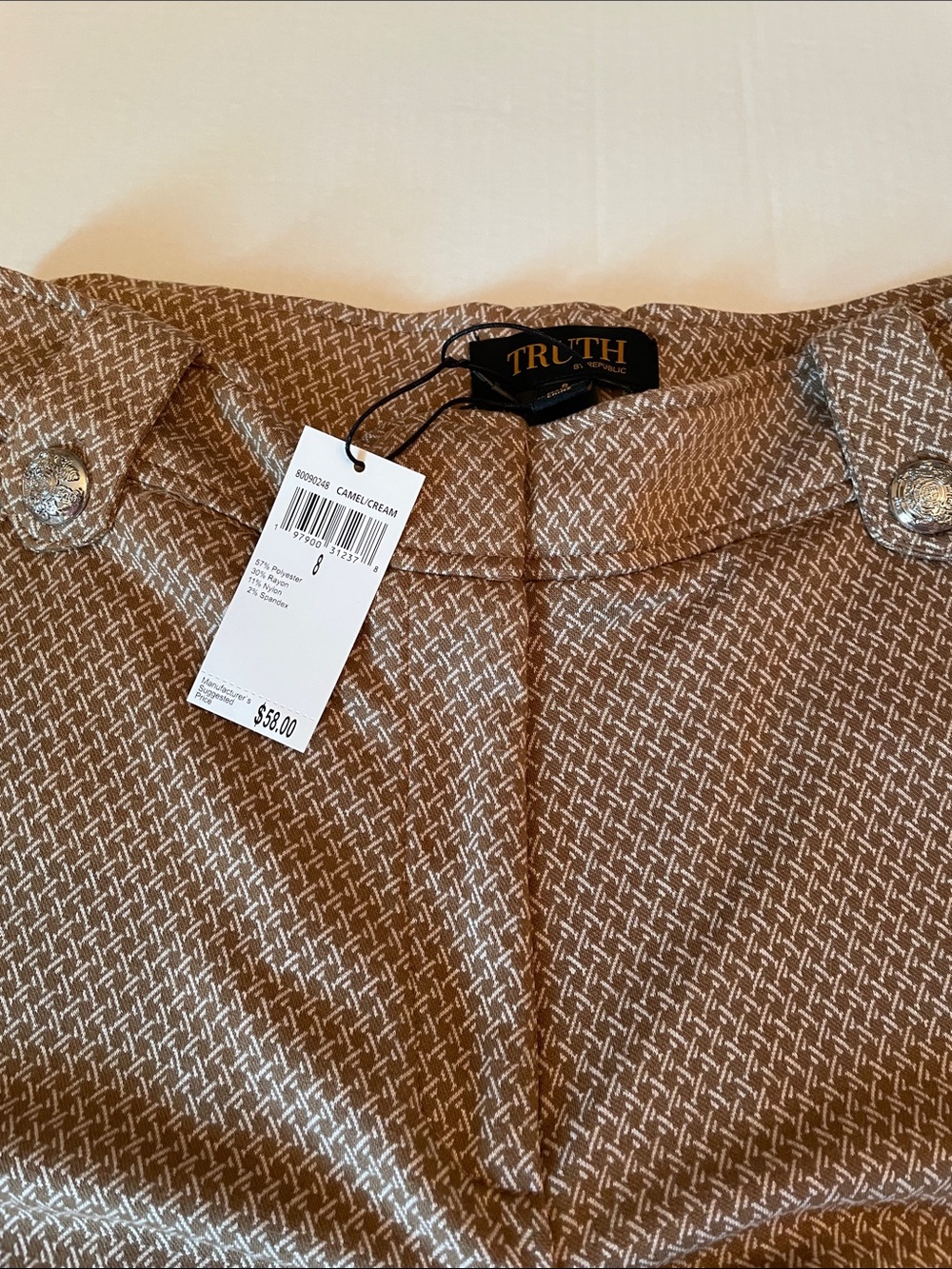 Truth Camel Cream Textured Skirt with Decorative Buttons